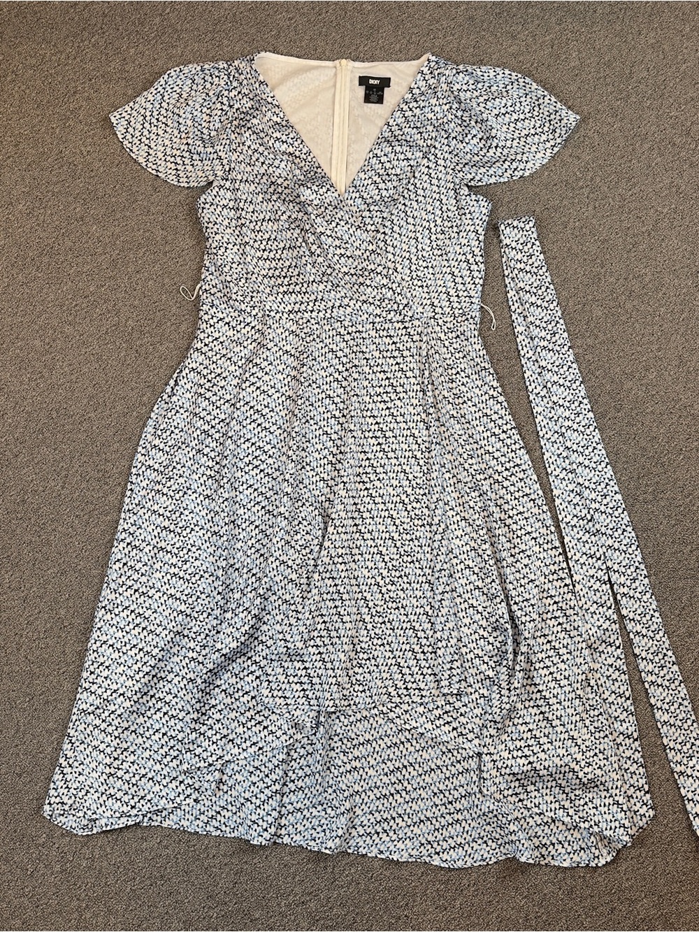 DKNY Blue & White Printed V-Neck Midi Wrap Dress